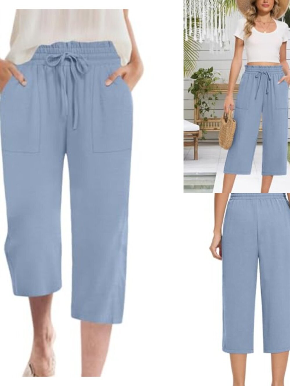 High Waisted Wide Leg Capri Pants with Pockets Drawstring Cotton Blend